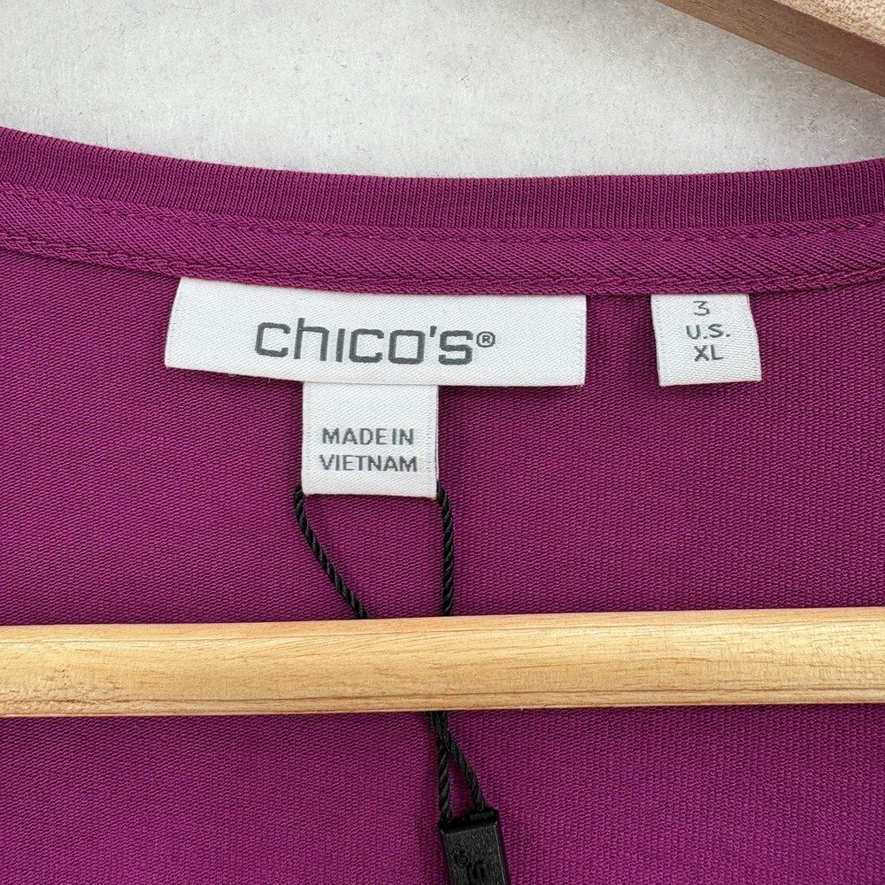 Chico's Shirt Womens 3 Purple V Neck 3/4 Tuck Balloon Sleeve Jersey Top Preppy - Picture 6 of 10